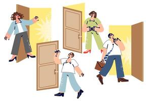 People are looking for right path, going through different doors, trying to find meaning of life vector