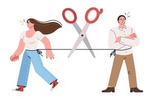 Dissolution of man and woman who failed in choosing partner for marriage, with scissors cutting bond vector