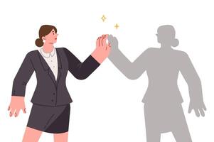 Alter ego of business woman standing near own shadow, as metaphor for exploring soul vector