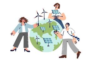 People developing alternative energy are installing windmills and solar panels on planet vector