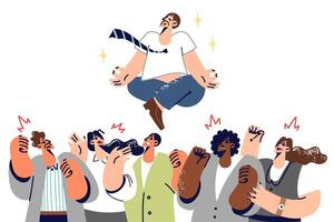 Man practicing yoga out for calmness among angry colleagues, levitating in lotus position vector