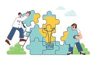 Team work on building new startup with innovative idea, from man and woman with puzzle pieces vector