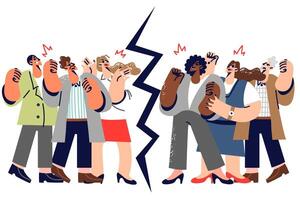 Disagreement in society with different groups of people standing on opposite sides of divide vector