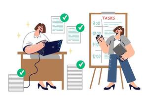 Women use time management system, scheduling on whiteboard to increase productivity in office work vector