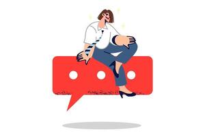 Business woman received message, sits on conversation bubble, considering proposal from partner. vector