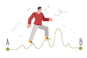 Challenge for man walking along difficult winding path and trying to achieve goal vector