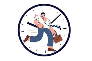 Late business man runs to work, trying meet deadlines, located inside large clock vector