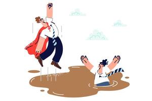 Business man in hero coat independently saves himself from quicksand thanks to willpower vector