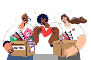 People volunteers hold donation boxes with things for orphans, work in charitable organization vector