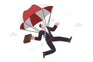 Business man falls down with parachute, using insurance to survive crisis and avoid bankruptcy vector