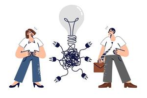 Chaos when trying to come up with idea for business man and woman choosing right way to innovate vector