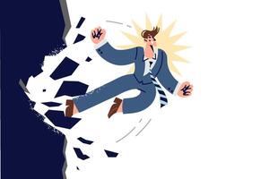 Ambitious business man breaks down wall, wanting destroy obstacle on way to achieve maximum profit vector