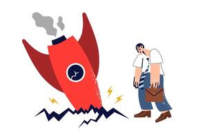 Business failure for man, tried to launch space startup, standing near crashed rocket vector