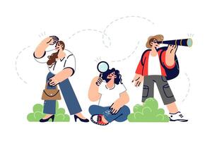 People look for new opportunities by looking in different directions, holds telescope or loupe vector