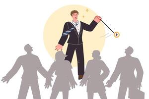 Man salesman hypnotizes public to capture minds of buyers and convince them to make bad deal vector