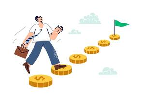 Man walks along path of money, climbing up to goal thanks to presence of financial savings vector