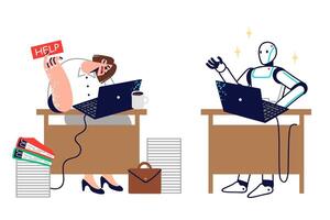 Business woman asks robot for help, after losing fight for job with AI, sitting at table vector
