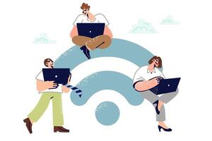 People near large wi-fi symbol use laptops to perform remote work and receive online education vector