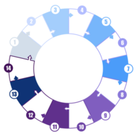 Blue tone circle infographic with 14 steps, process or options. Presentation slide template. png