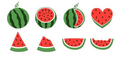 Watermelon set. Whole and cut slice, dissected, bitten, in shape of heart. Flat collection illustration. vector