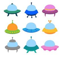Alien spaceship, spacecrafts and UFO set. Cosmic ship in form saucer for transportation. Children clip art. cartoon flat illustration for space design. vector