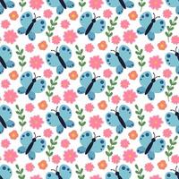 Cute and cozy Seamless Pattern with butterfly, branches and flowers. Children background. Spring or summer flora and fauna. flat illustration. vector