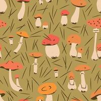 Mushroom seamless pattern. Illustration on olive background for kids textile, wallpaper, wrapping paper vector