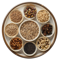 A plate with different types of spices and seeds on transparent background. png