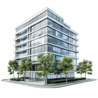 Modern office building with trees and trees on the side on transparent background. png