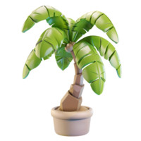 A 3D rendering of a potted coconut palm tree with lush green leaves and a brown trunk png