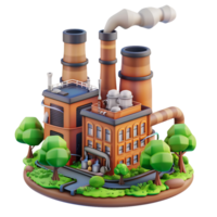 A 3D cartoon illustration of a factory with three smokestacks emitting smoke. The factory is surrounded by stylized trees and a road png