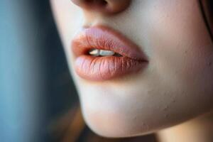 Close up of a womans lips with a hint of a smile showcasing sensuality and allure. AI generate photo