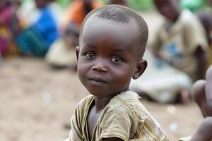 Fictitious depiction of a poor little boy looking into the camera. AI generate photo