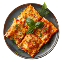 lasanha em uma prato . lasanha com picado carne e batata molho topo Visão . italiano cozinha com manjericão folhas isolado. carne lasanha plano deitar . png