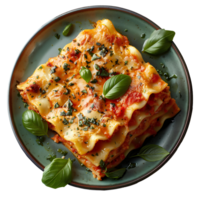 Lasagna on a plate . Lasagna with minced meat and potato sauce top view . Italian cuisine with basil leaves isolated. Meat lasagna flat lay . png