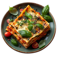 lasanha em uma prato . lasanha com picado carne e batata molho topo Visão . italiano cozinha com manjericão folhas isolado. carne lasanha plano deitar . png