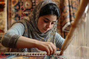 A woman weaves a beautiful carpet with dedication. AI generate photo