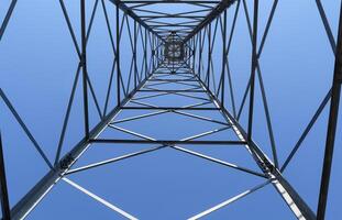 Electric antenna and communication transmitter tower in a northern european landscape against a blue sky photo