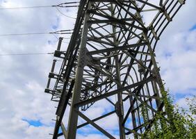 Close up view on a big power pylon transporting electricity in a countryside area photo