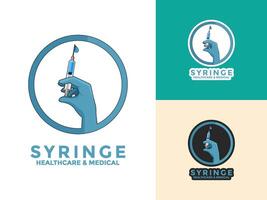 Syringe logo icon set design template, injection icon with hand vector