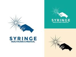 Syringe logo icon set design template, injection icon with hand vector