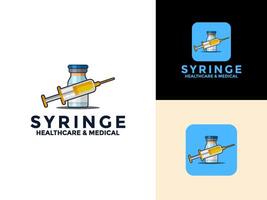 Syringe with Bottle logo icon set design template, injection icon vector