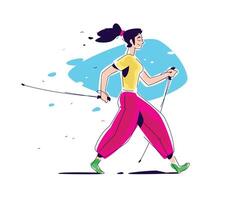 Illustration of the girl Scandinavian walking. The flat . Hiking in nature. The illustration is isolated on a white background. Scandinavian walking with sticks. Athletic way of life. Summer. vector