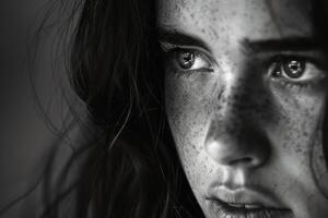 A black and white close up portrait of a woman with dramatic lighting emphasizing the eyes. AI generativ photo