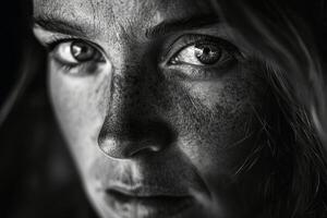 A black and white close up portrait of a woman with dramatic lighting emphasizing the eyes. AI generativ photo