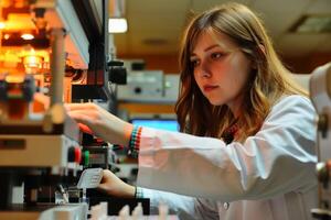 A female scientist in a lab coat conducting an experiment with focused concentration.AI generate photo