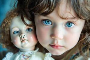 A little girl with a percelain doll with the same face as the girl.AI generate photo