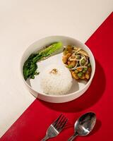 Beefsteak is processed chicken that goes through a grilling process until the meat is cooked inside and out, served with warm sauce and rice photo