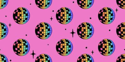 Disco ball seamless pattern illustration. Club decoration element ornament with sparkles. Party sparkling rainbow sphere. Design for textile, fabric, background, pride month print. vector