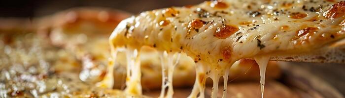 Close-up of a delicious, steaming slice of cheese pizza being pulled from a freshly baked pizza, with melted cheese stretching off the slice. photo